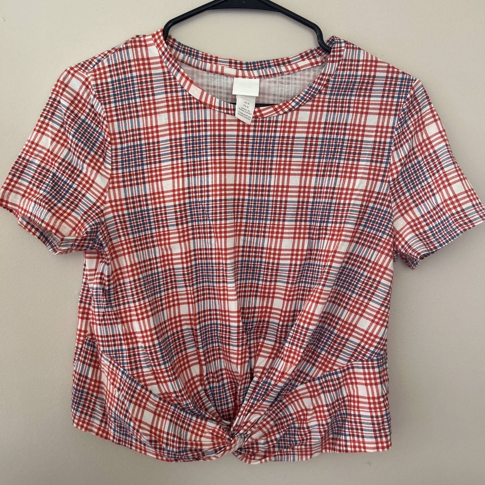 H&M women’s red plaid knotted top US M